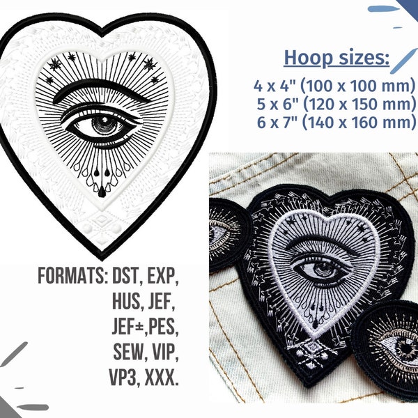 Mystic Eye Inside Decorative Heart, Pattern Embroidered Applique Patch, Digital Machine Embroidery Design All seeing Eye