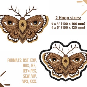 Peut inclure: Motif brodé d'un papillon brun avec de grands yeux et des antennes. Le papillon est entouré d'un contour noir et a une étoile sur son corps. Le motif est disponible en deux tailles : 4x4 pouces (100x100 mm) et 4x5 pouces (100x120 mm). Le motif est disponible dans les formats suivants : DST, EXP, HUS, JEF, JEF+, PES, SEW, VIP, VP3, XXX.