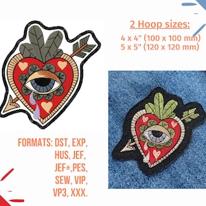 May include: Embroidered patch of a red heart with an eye and an arrow through it. The heart has a green leaf on top and is surrounded by smaller hearts. The patch is available in two sizes: 4x4 inches (100x100 mm) and 5x5 inches (120x120 mm). The formats available are DST, EXP, HUS, JEF, JEF+, PES, SEW, VIP, VP3, and XXX.