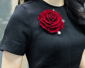 Red Velvet Rose Pin Brooch, Handmade Flower Brooch, Fabric Flower Pin, Hair Accessory, Fabirc Rose Brooch