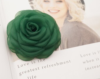 Green Chiffon Rose Brooch: Handmade Fabric Flower Pin