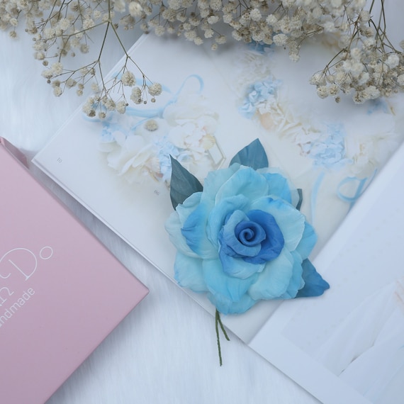 Blau-weiße Chiffon Blume Pin Brosche, Stoffblume Stoffbrosche Pin, Blume Haarschmuck