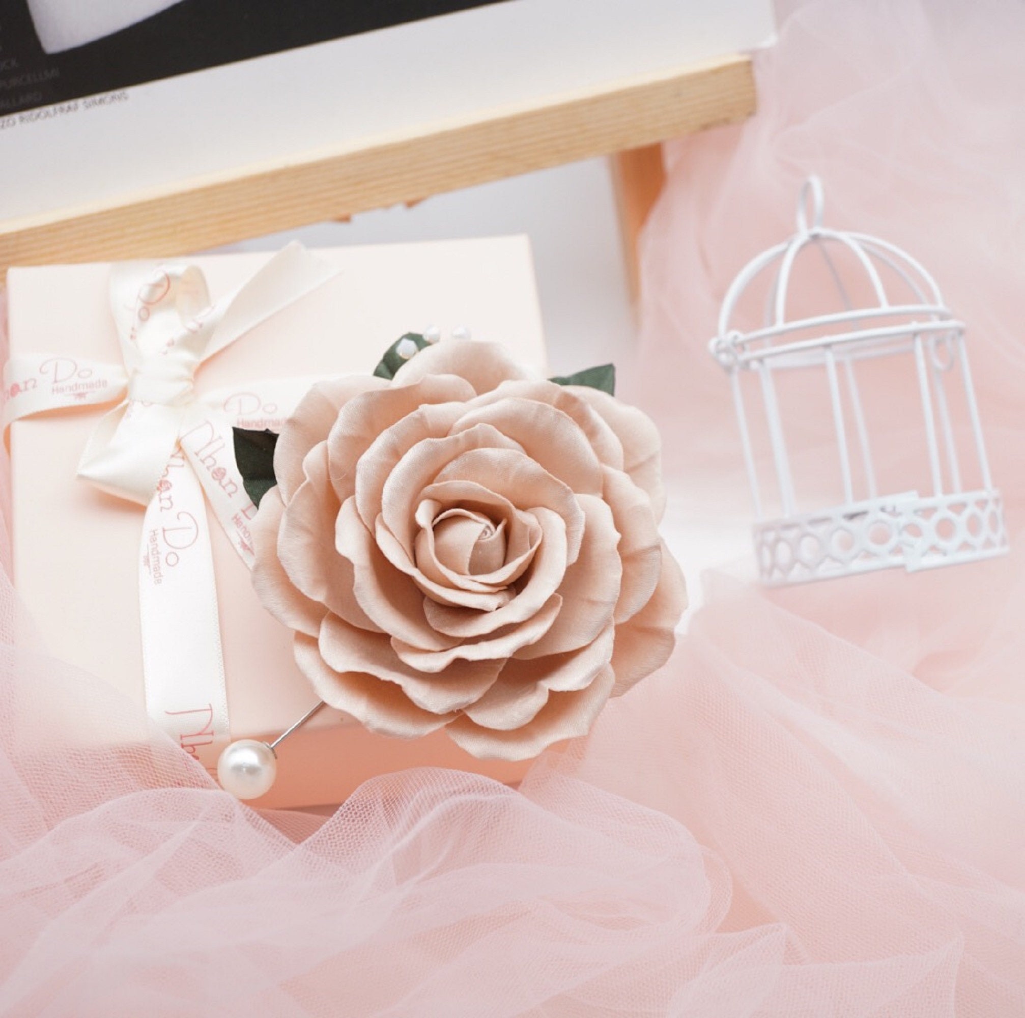 Cream Brocade Fabric Rose Flower Pin Brooch, Gift for Mother, Gift for Mom, Mother's Day Gift