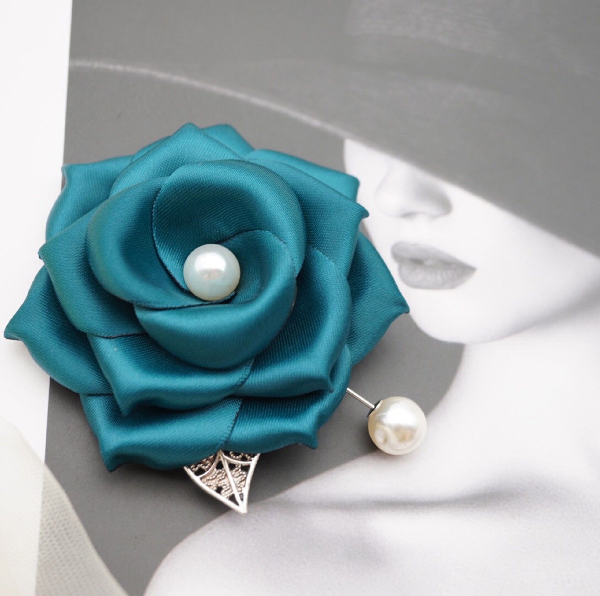 Teal Silk Rose Brooch Pin: Handmade Fabric Flower Accessory  display picture 1