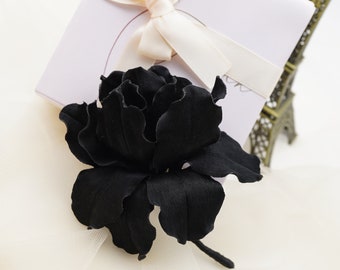 Black Iris Flower Brooch Pin: Handmade Fabric Floral Brooch (9x11 cm)