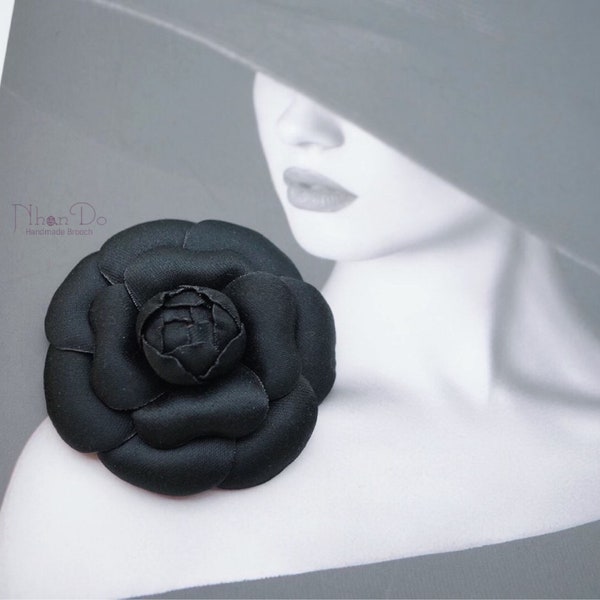 7cm Handmade Fabric Camellia Flower Pin Brooch For Women And Men, Handmade Gift Ideas, Anniversary Gift (Black)