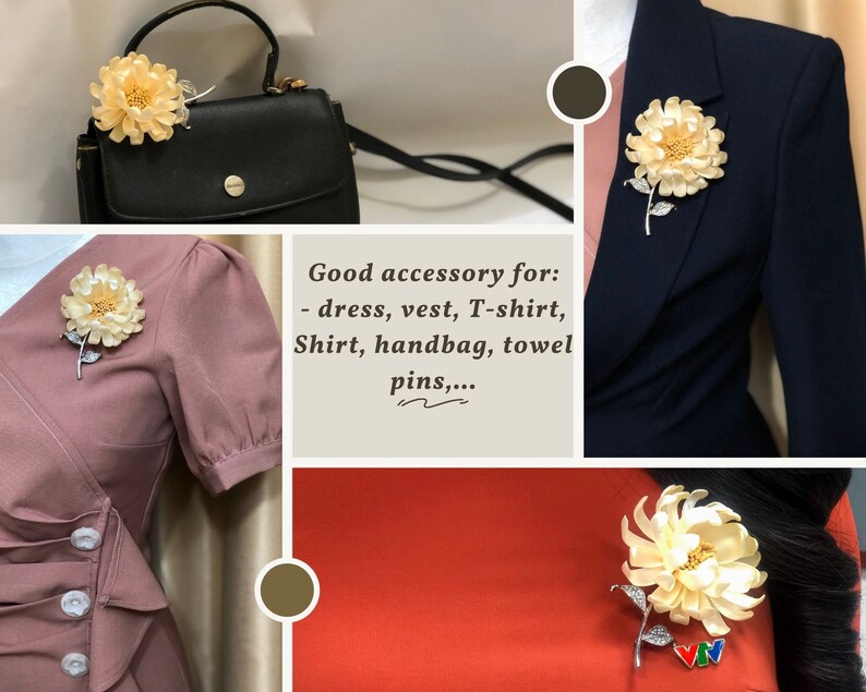 DAISY BROOCH PIN, Flower Jacket Pin, Art Deco Fabric Pearl Silk Vintage Brooch, Christmas Silk Flower Embroidered Brooch image 6