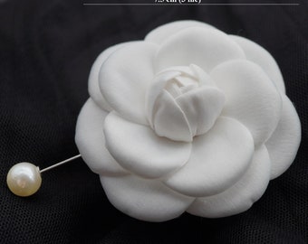 WHITE BROCADE CAMELLIA Flower Pin Brooch, Handmade Fabric Brooch Pin With Lovely Gift Box Flower Pins, Hair Accessory