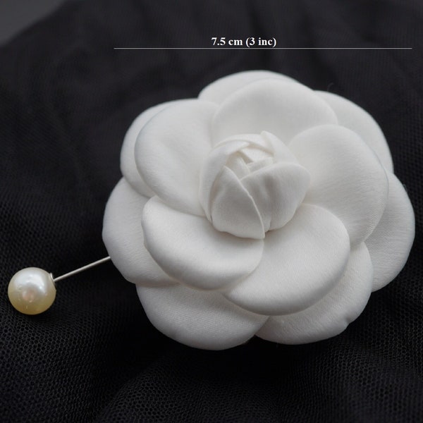 WHITE BROCADE CAMELLIA Flower Pin Brooch, Handmade Fabric Brooch Pin With Lovely Gift Box Flower Pins, Hair Accessory