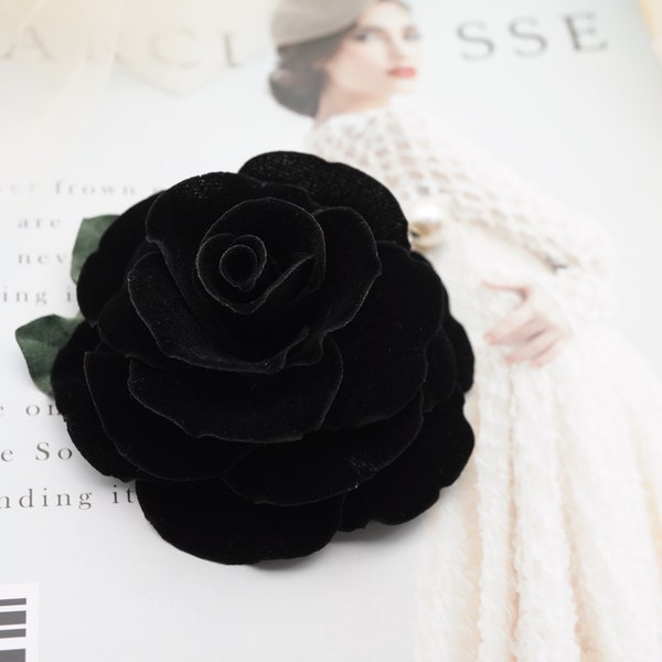 BLACK VELVET ROSE Pin Brooch, Handmade Flower Brooch, Fabric Flower Pin, Hair Accessory, Fabirc Rose Brooch