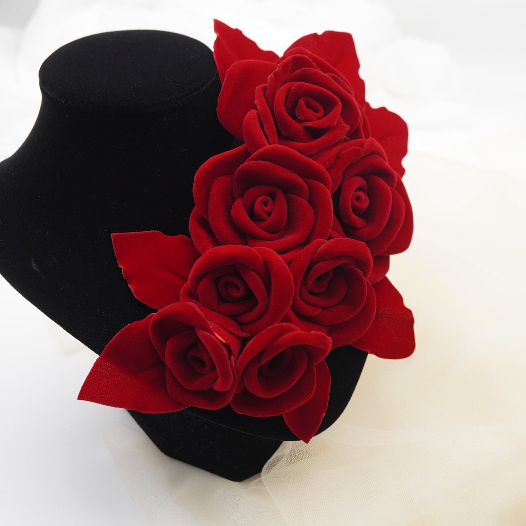 Red Roses Handmade Design Plum Red Velvet Rose Flowers - Handmade Fabric Appliques (set of 7 ...