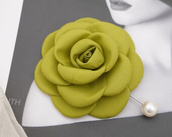 GREEN FABRIC Rose Flower Pin Brooch, Handmade Fabric Brooch Pin, Silk Brooch Pin Handmade Flower Pins, Hair Accessory