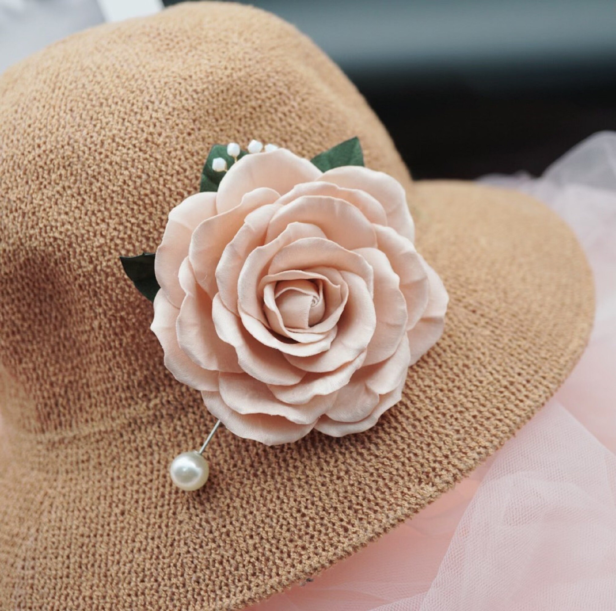 Women’s Floral Pink Rose Fedora with Cream Rosette and Rhinestone Brooch Pink Rhinestone Fedora - Etsy main image 2