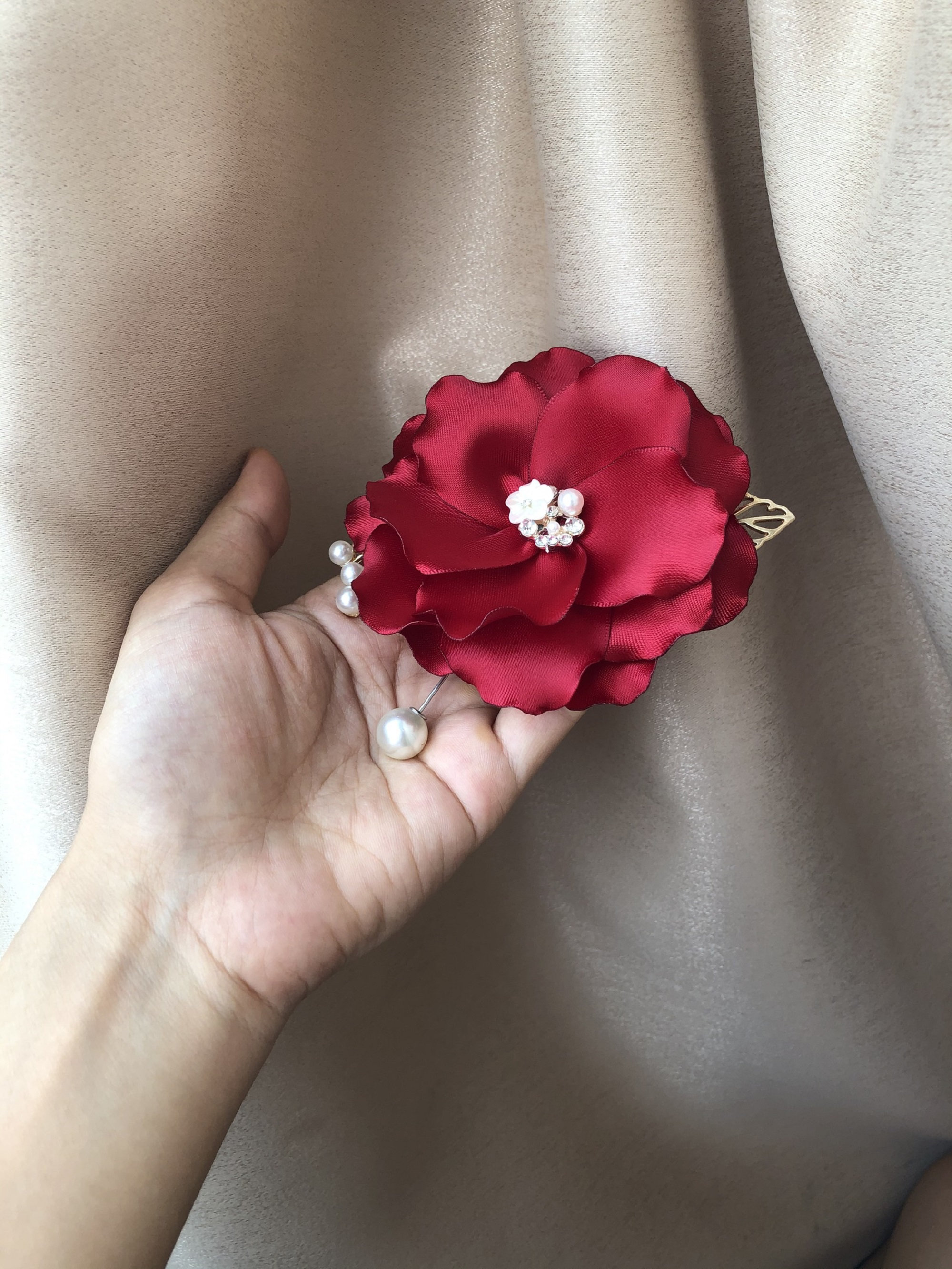 Plum Red Silk Jasmine Flower Pin Brooch, Handmade Fabric Brooch