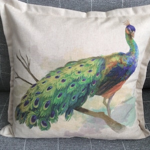 Peacock Luxury Feather Cushion- Linen