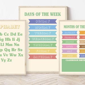 5 CARTELES DE APRENDIZAJE INFANTIL para aulas, salas de juegos, días de la semana, meses, estaciones, letras, números, alfabeto, tono neutro, aprendizaje, alumnas