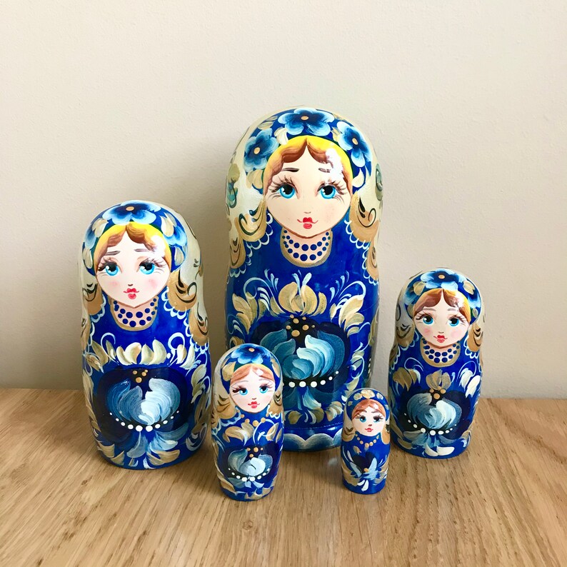 Ukrainian Nesting Doll in Petrykivka Blue Style 5 pcs 65 Etsy