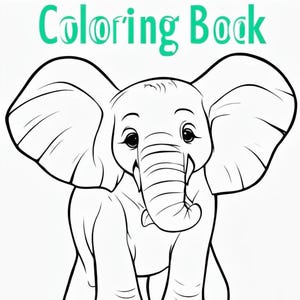 May include: A black and white line drawing of an elephant with large ears. The elephant is looking directly at the viewer. The title "Animals of Africa Coloring Book" is written in green letters above the elephant.