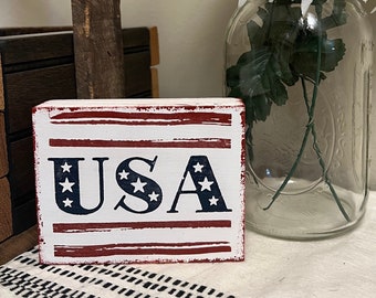 Americana shelf decor home decor Americana decor Primative Fourth of July decor red white blue tiered tray decor July 4th decorations