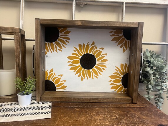 Sunflower lover gift, sunflower tray, catchall tray, valet tray wood, bed tray with handles, carrying tray, coffee table book box storage