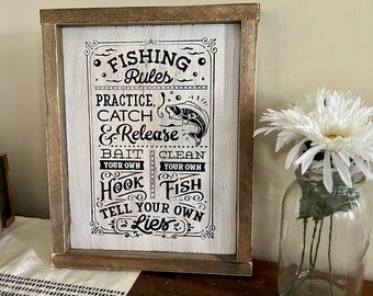 fishing rules, cabin decor, lake cabin wall art, fishing picture, hunting and fishing sign