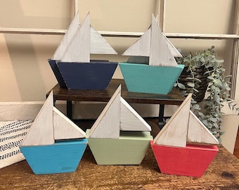rustic wood boat, beach tier tray, beach classroom decor, beach bungalow decor, lake tiered tray, mini sailboat, coastal shelf sitters
