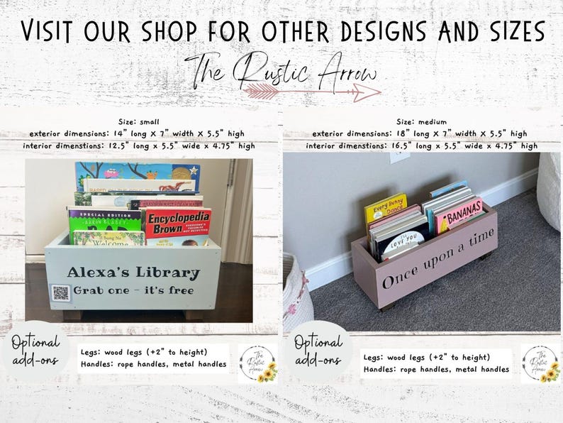 May include: Wooden book bins in two sizes, small and medium, with the text "Alexa's Library" and "Once upon a time". The small bin is 14" long, 7" wide, and 5.5" high. The medium bin is 18" long, 7" wide, and 5.5" high.