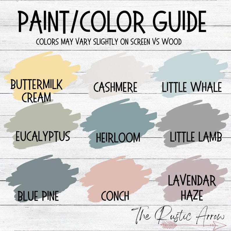 May include: A paint color guide with nine color swatches. The colors include Buttermilk Cream, Cashmere, Little Whale, Eucalyptus, Heirloom, Little Lamb, Blue Pine, Conch, and Lavendar Haze. The text "Paint/Color Guide" is at the top.