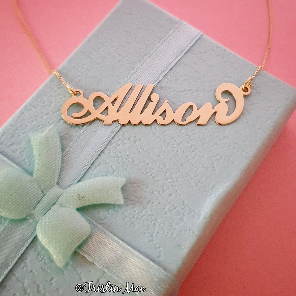 Allison Necklace 14kt Real Gold Cursive Script Carrie Etsy