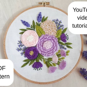 Pdf embroidery pattern "Purple bouquet", pdf embroidery template, floral hand-stitched hoop, digital embroidery pattern, flowers template
