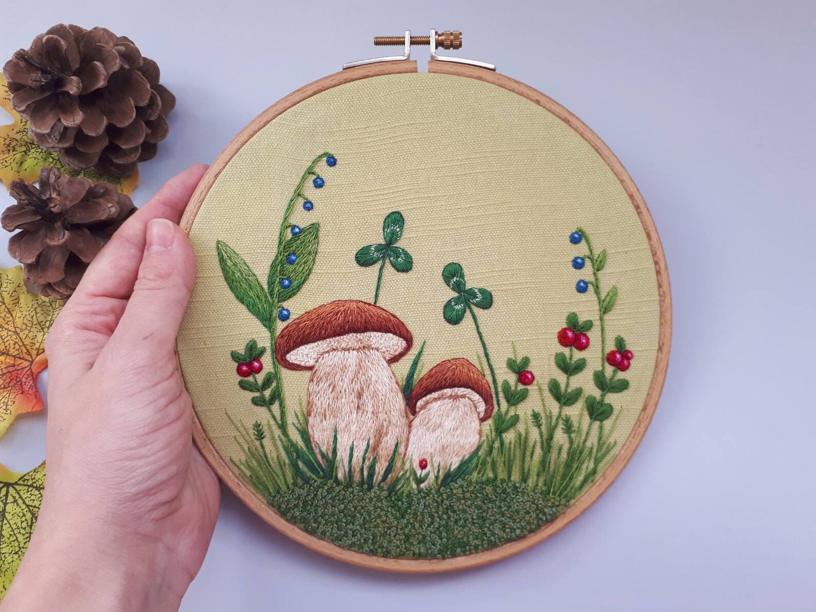 Embroidery With Mushrooms Hand Botanical Embroidery Light Etsy