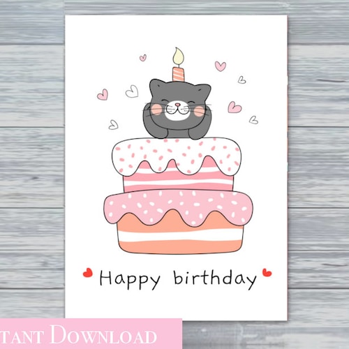 Birthday Card Printable Happy Birthday Cat Digital Card - Etsy