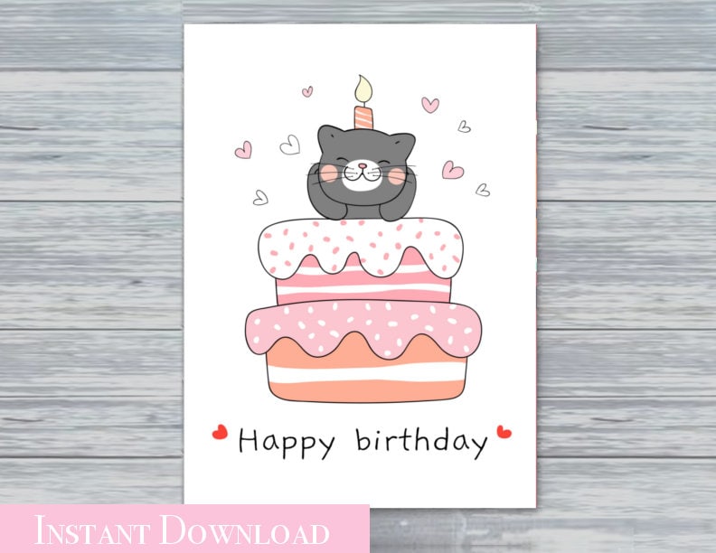 Cat Printable Birthday Card Happy Birthday Cat Birthday Card - Etsy