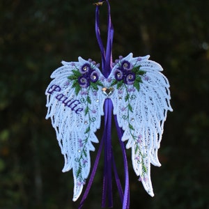 In Loving Memory Angel Wings with personalized name purple. Keepsake gift, ornament, sympathy gift.