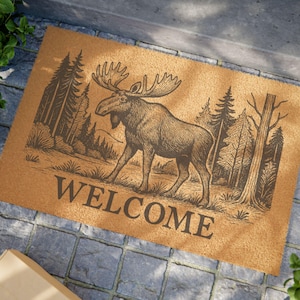 Rustic Moose Welcome Doormat, Log Cabin Decor, Nature Lover Gift, Outdoor Entrance Mat, Home Warming Gift