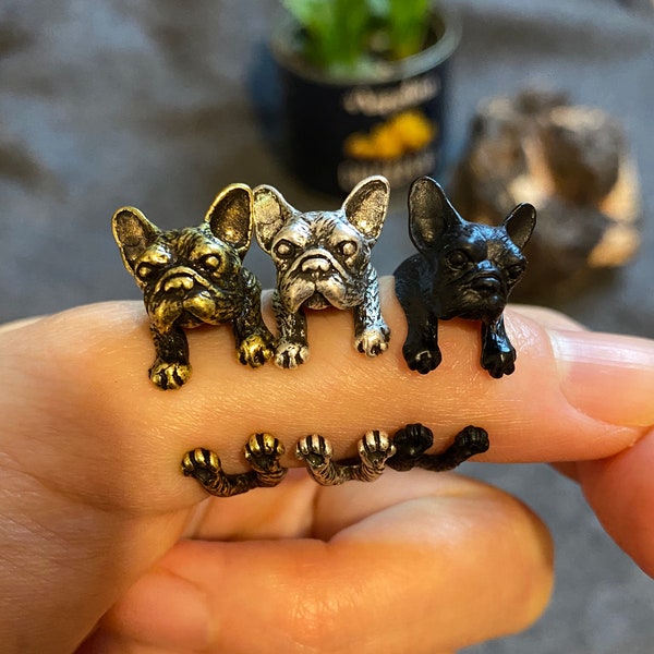 Miniature Français Bulldog Ring Réglable Cute Bijoux de chien détaillé