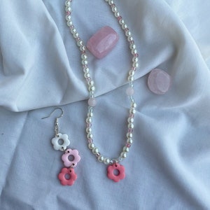 Rose Quartz Pearl Necklace, Crystals, Handmade, Polymer Clay, Gifts for her, Beaded Necklace