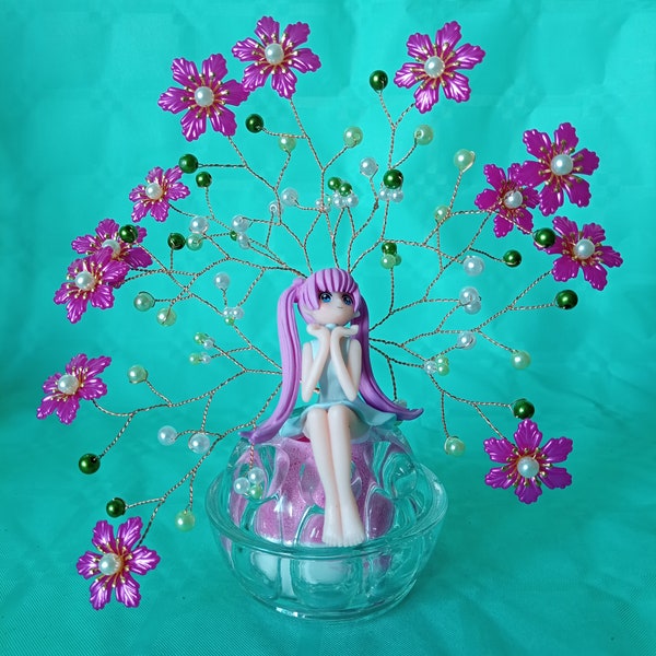 Décoration de table, arbre fleuri chambre de fille, bibelot, figurine dessin animé manga, arbre en perles