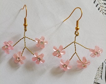 Unique piece, dangling earrings with small pink flowers, rhinestone heart