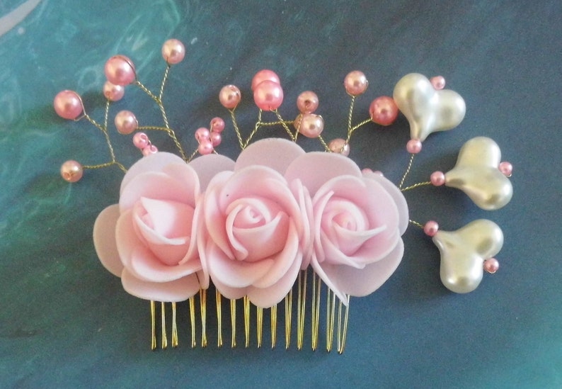Unique piece, hair comb 3 hearts, 3 pink flowers image 1