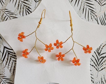 Unique piece, dangling earrings with small orange flowers, rhinestone heart