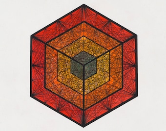 MALE HEART / Abstract Psychedelic Geometric Drawing / Tesseract Hypercube Sacred Geometry / Fine Art Print