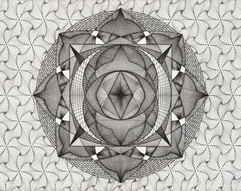 SHIELDED DHARMA CHAKRA / Jungian Shadow Work Mandala / Abstract Psychedelic Geometric Drawing / Sacred Geometry / Fine Art Print