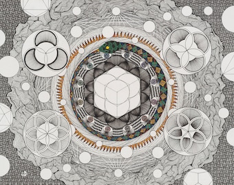 ORDEN CHAOS DELUSION / Jungian Shadow Work Mandala / Abstract Psychedelic Geometric Drawing / Ouroboros Cube / Fine Art Print