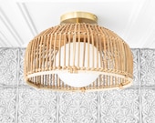 Rattan Basket Light - Opal Globe - Boho Lighting - Pendant Lighting - Hanging Light - Unique Lighting - Boho Model No. 4843