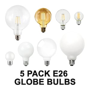 May include: A collection of five E26 globe light bulbs in various sizes and styles. Some bulbs are clear, showcasing the internal filaments, while others are opaque white or amber. The text "5 PACK E26 GLOBE BULBS" is displayed in bold, black letters.