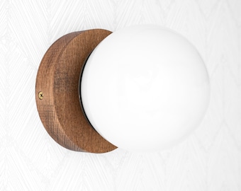 Oak Finish Lamp - Minimalist Sconce - Opal Globe Lamp - Natural Wood Light - Flush Mount - Model No. 5719