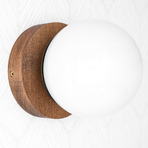 Oak Finish Lamp - Minimalist Sconce - Opal Globe Lamp - Natural Wood Light - shops Flush Mount - Model No. 5719