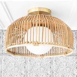 Rattan Basket Light Opal Globe Natural Fiber Ceiling Light Unique Lighting Boho Model No. 4843 image 2