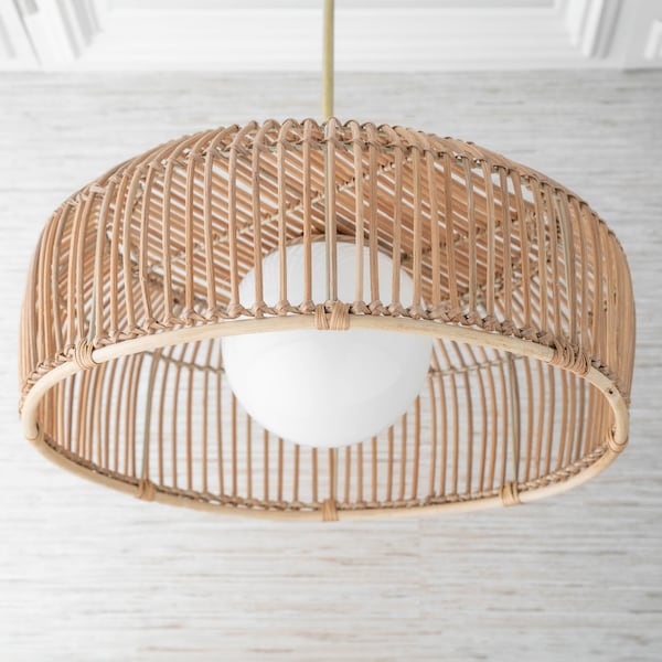 Rattan Basket Shade with Globe -  Pendant Lighting - Boho Lighting - Natural Fiber Light - Ceiling Lighting - Boho Model No. 4944